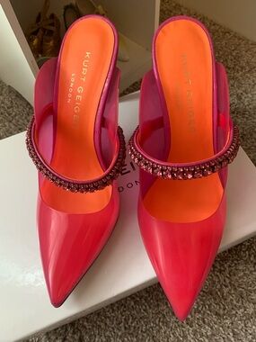 Kurt Geiger Hot Pink Patent Pointed Mules with Crystal Strap